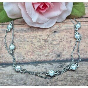 Ann Taylor Silver-Tone Long Chain Necklace With Clear Crystal Accents 36 Inches